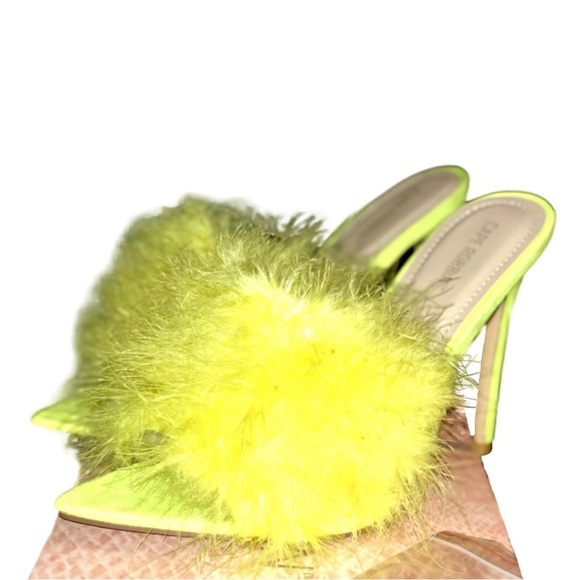 Neon Yellow Feather Point Toe Stiletto Sandals - Picture 4 of 5